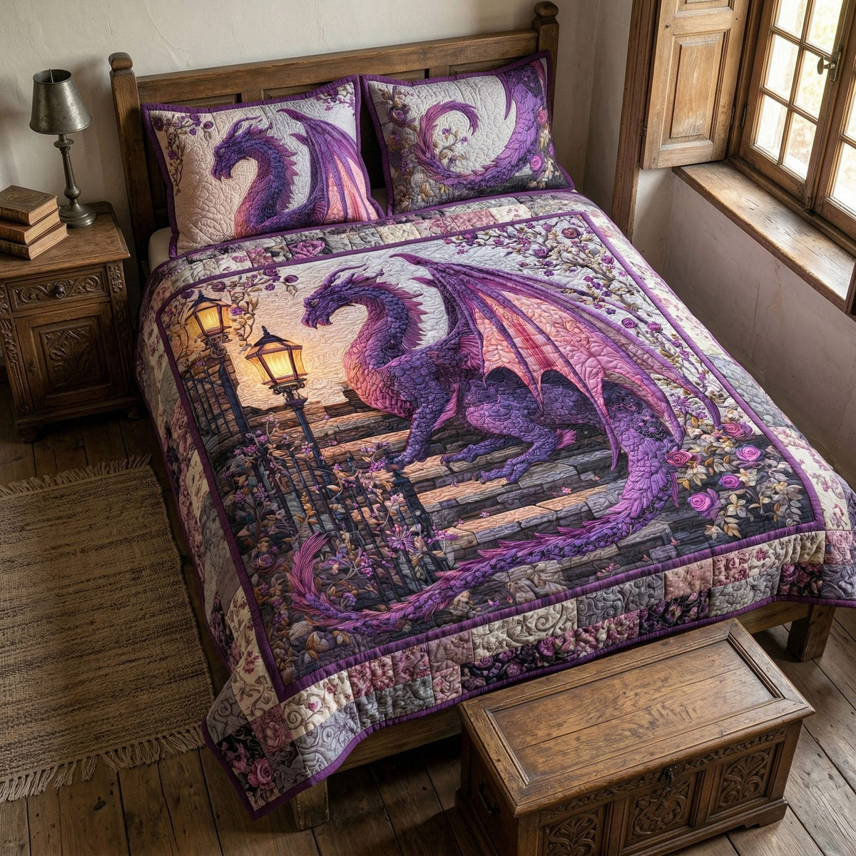 Violet Dragon quilted 3-piece bedding set on a made bed with two matching pillow shams
