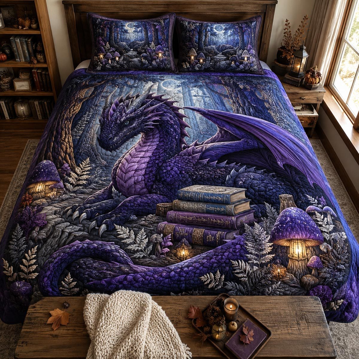 Violet Dreamer quilted 3-piece bedding set on a made bed with two matching pillow shams
