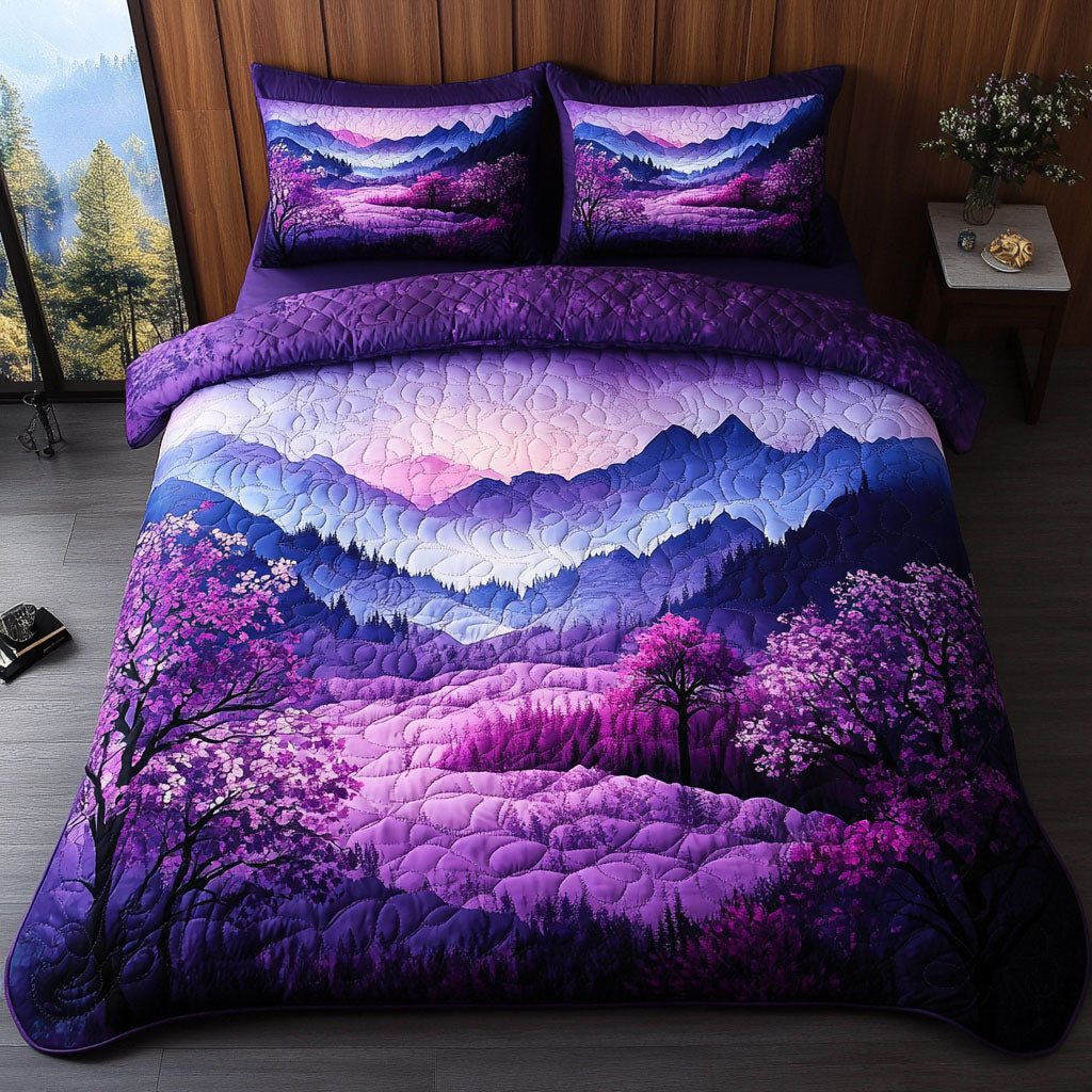 Violet Dreamscape quilted 3-piece bedding set on a made bed with two matching pillow shams