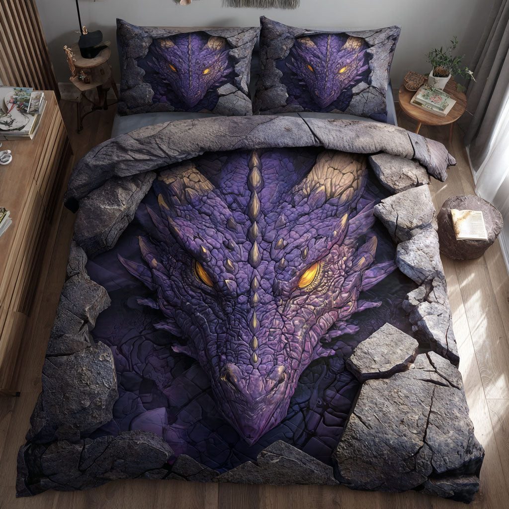 Violet Gaze quilted 3-piece bedding set on a made bed with two matching pillow shams