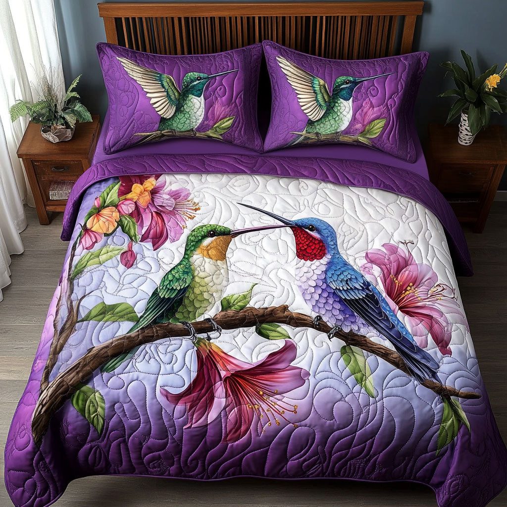 Violet Harmony Pair quilted 3-piece bedding set on a made bed with two matching pillow shams
