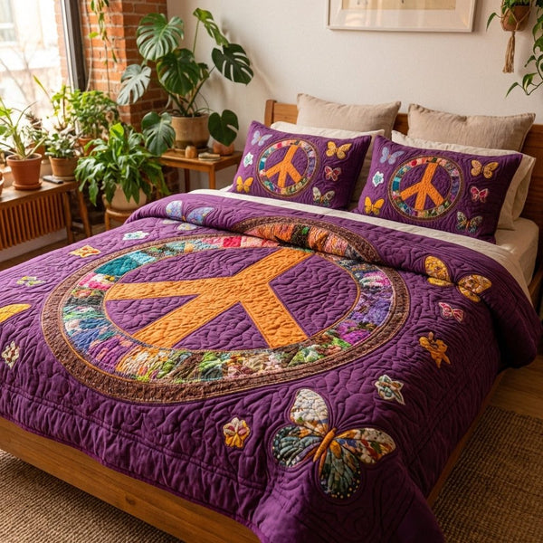 Violet Harmony quilted 3-piece bedding set on a made bed with two matching pillow shams