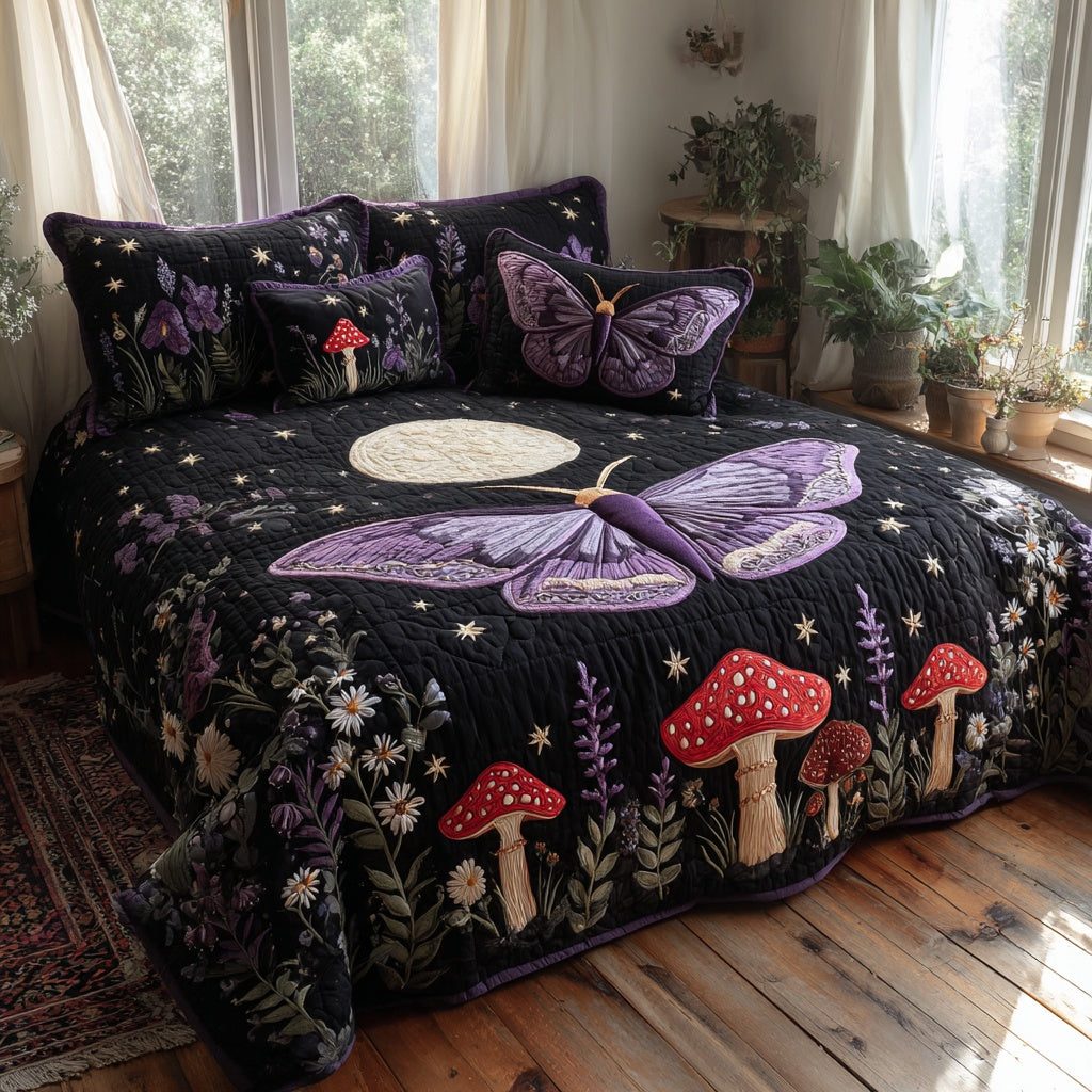 Violet Moth quilted 3-piece bedding set on a made bed with two matching pillow shams