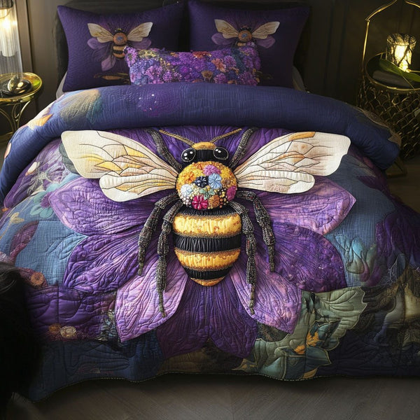 Violet Nectar quilted 3-piece bedding set on a made bed with two matching pillow shams