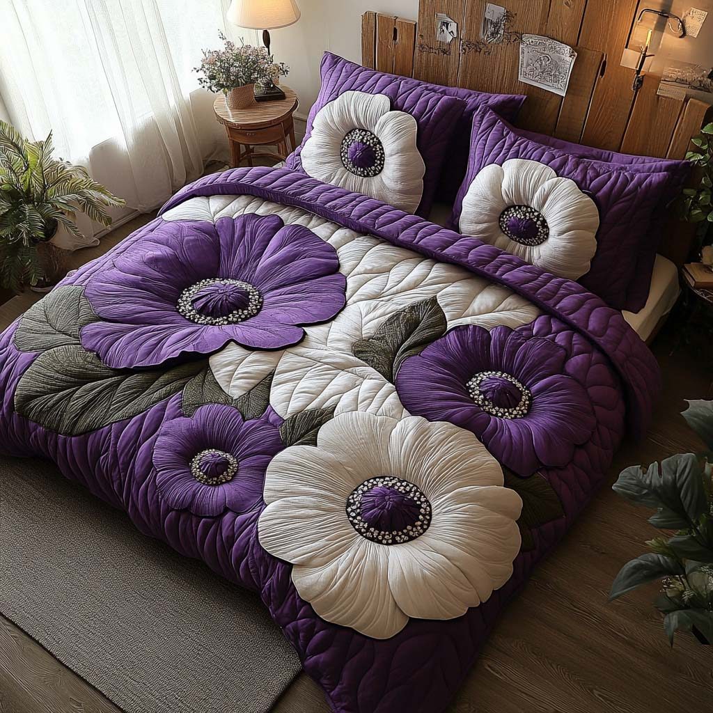 Violet Poppy Glow quilted 3-piece bedding set on a made bed with two matching pillow shams