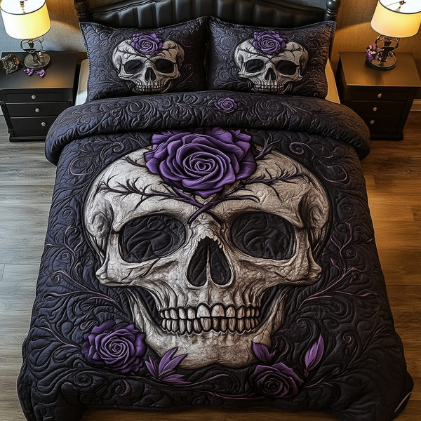 Violet Rose Skull quilted 3-piece bedding set on a made bed against a dark styled interior