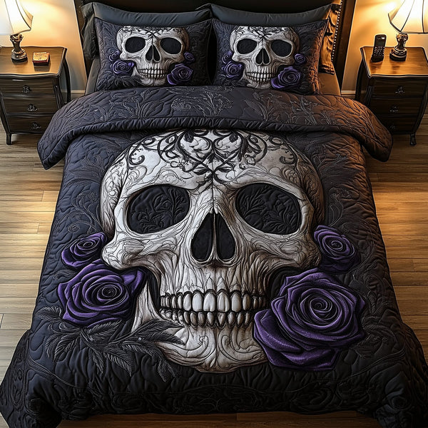 Violet Rose Skull quilted 3-piece bedding set on a made bed against a dark styled interior