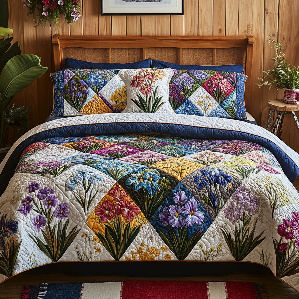 Violet Serenade quilted 3-piece bedding set on a made bed with two matching pillow shams