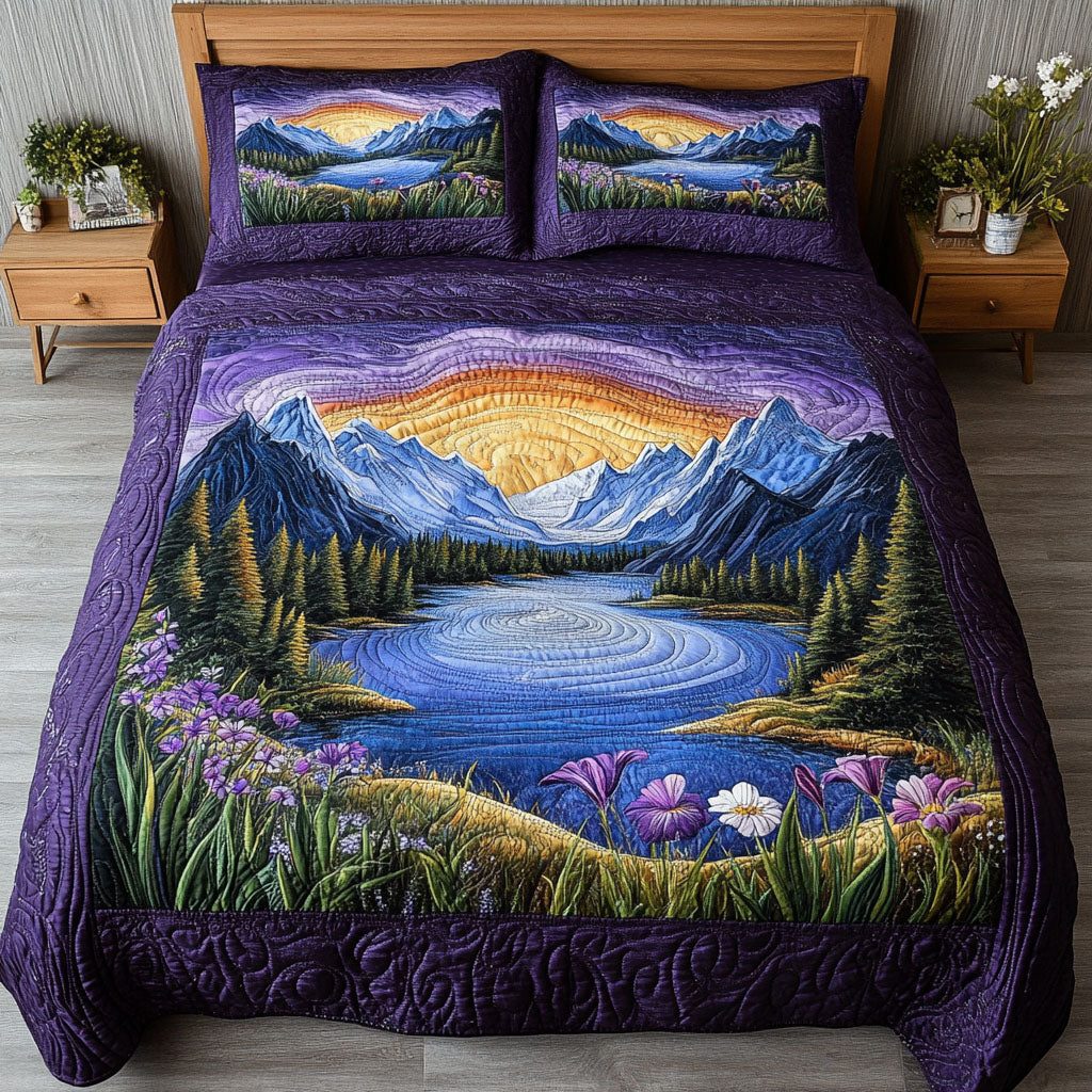 Violet Valley quilted 3-piece bedding set on a made bed with two matching pillow shams