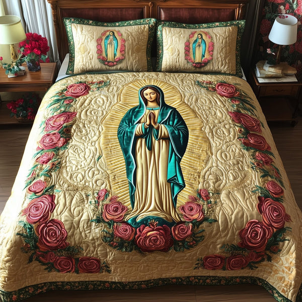 Virgen De Guadalupe quilted 3-piece bedding set on a made bed with two matching pillow shams