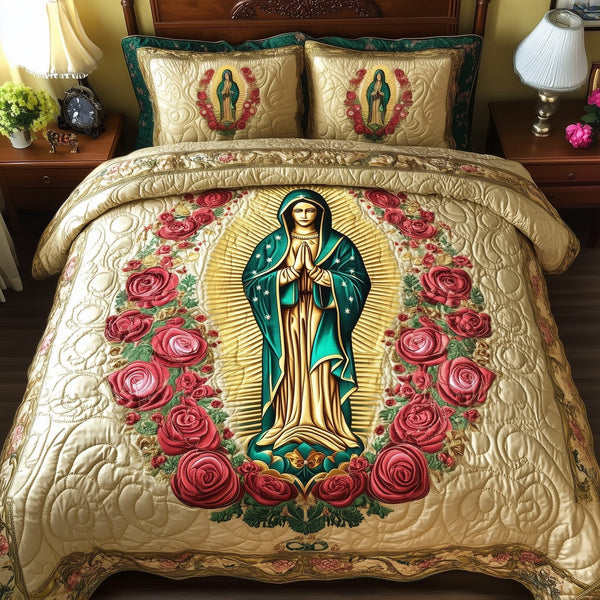 Virgen De Guadalupe quilted 3-piece bedding set on a made bed with two matching pillow shams