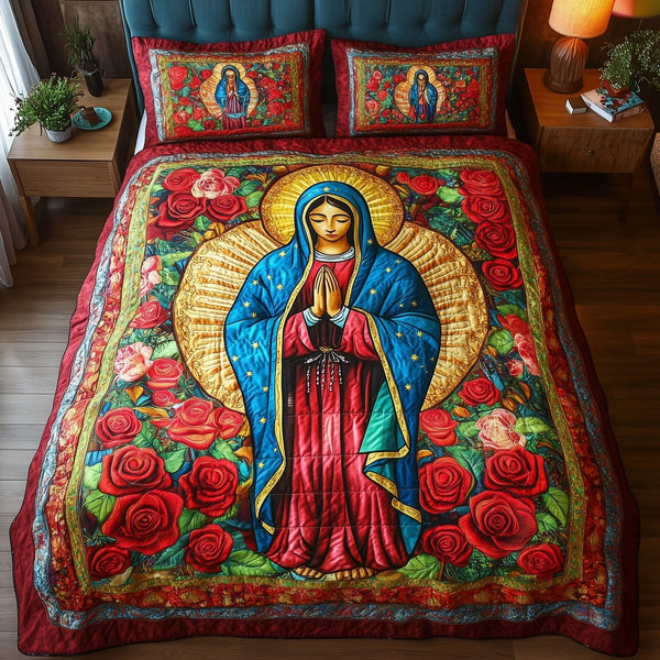 Virgen De Guadalupe quilted 3-piece bedding set on a made bed with two matching pillow shams