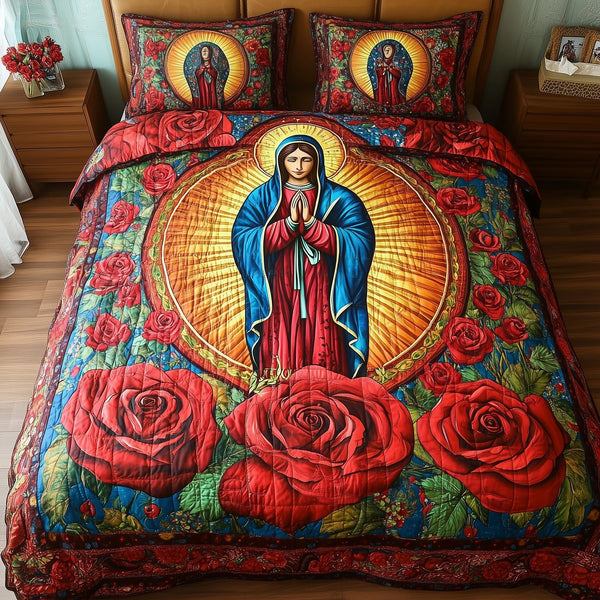 Virgen De Guadalupe quilted 3-piece bedding set on a made bed with two matching pillow shams