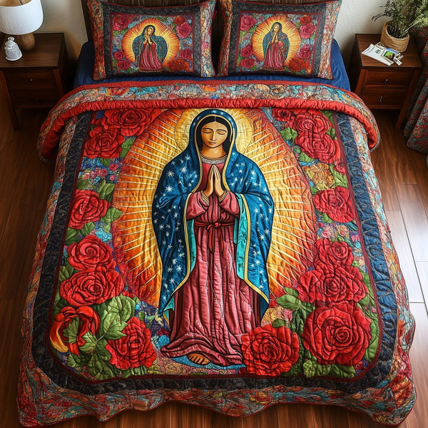 Virgen De Guadalupe quilted 3-piece bedding set on a made bed with two matching pillow shams