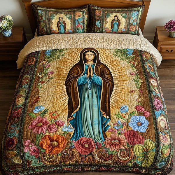 Virgen De Guadalupe quilted 3-piece bedding set on a made bed with two matching pillow shams