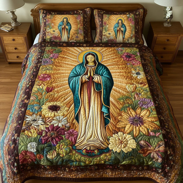 Virgen De Guadalupe quilted 3-piece bedding set on a made bed with two matching pillow shams
