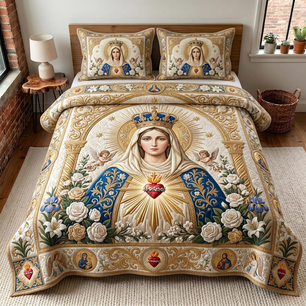 Virgin Grace quilted 3-piece bedding set on a made bed with two matching pillow shams