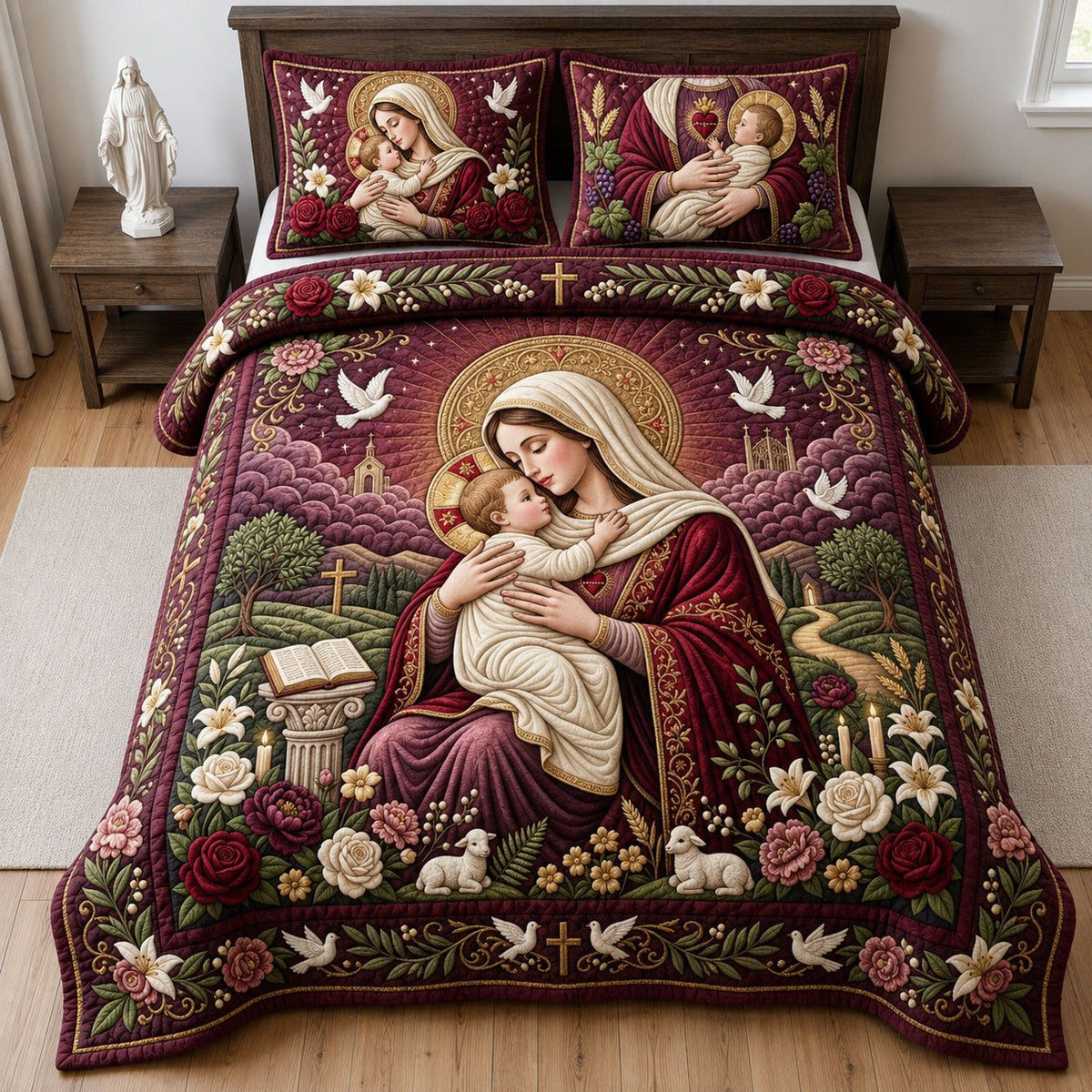 Virgin Mary and Child quilted 3-piece bedding set on a made bed with two matching pillow shams