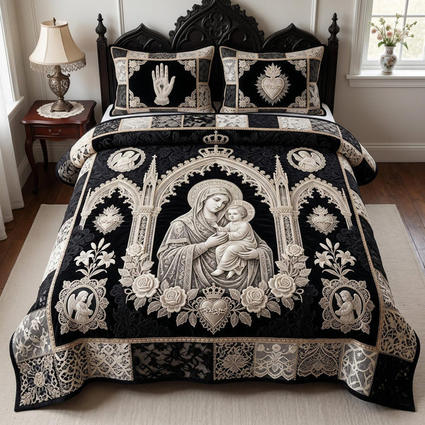 Virgin Mary quilted 3-piece bedding set on a made bed with two matching pillow shams