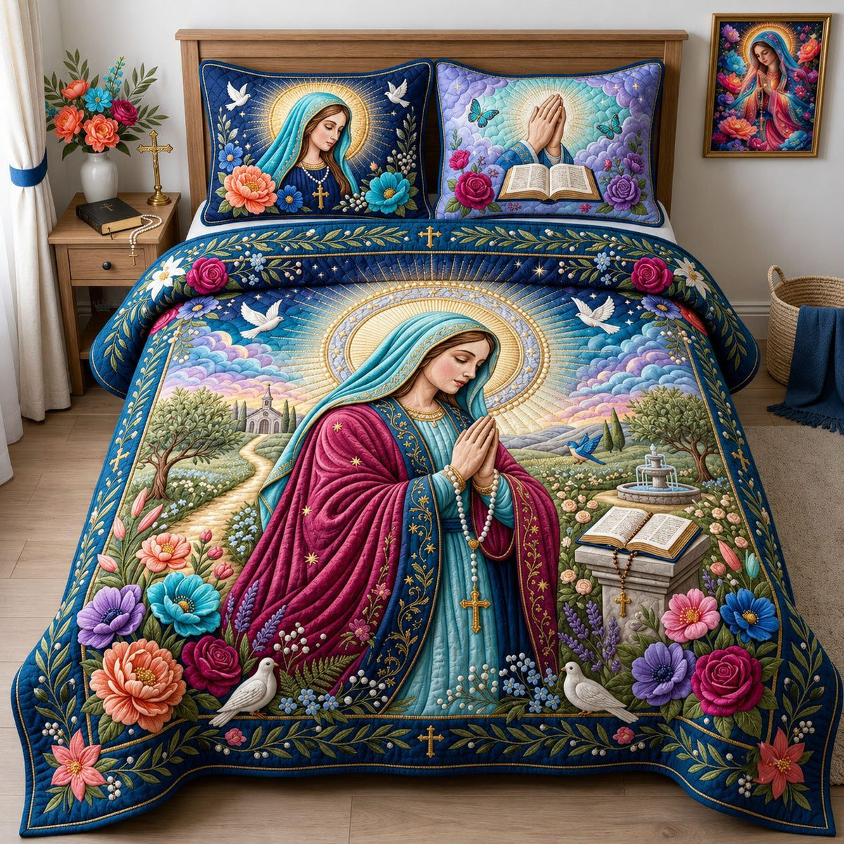 Virgin Mary quilted 3-piece bedding set on a made bed with two matching pillow shams