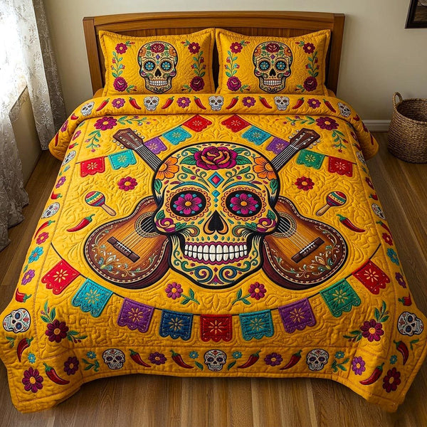 Viva Fiesta quilted 3-piece bedding set on a made bed with two matching pillow shams