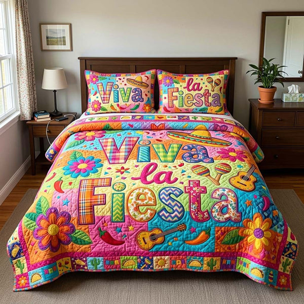 Viva Fiesta quilted 3-piece bedding set on a made bed with two matching pillow shams
