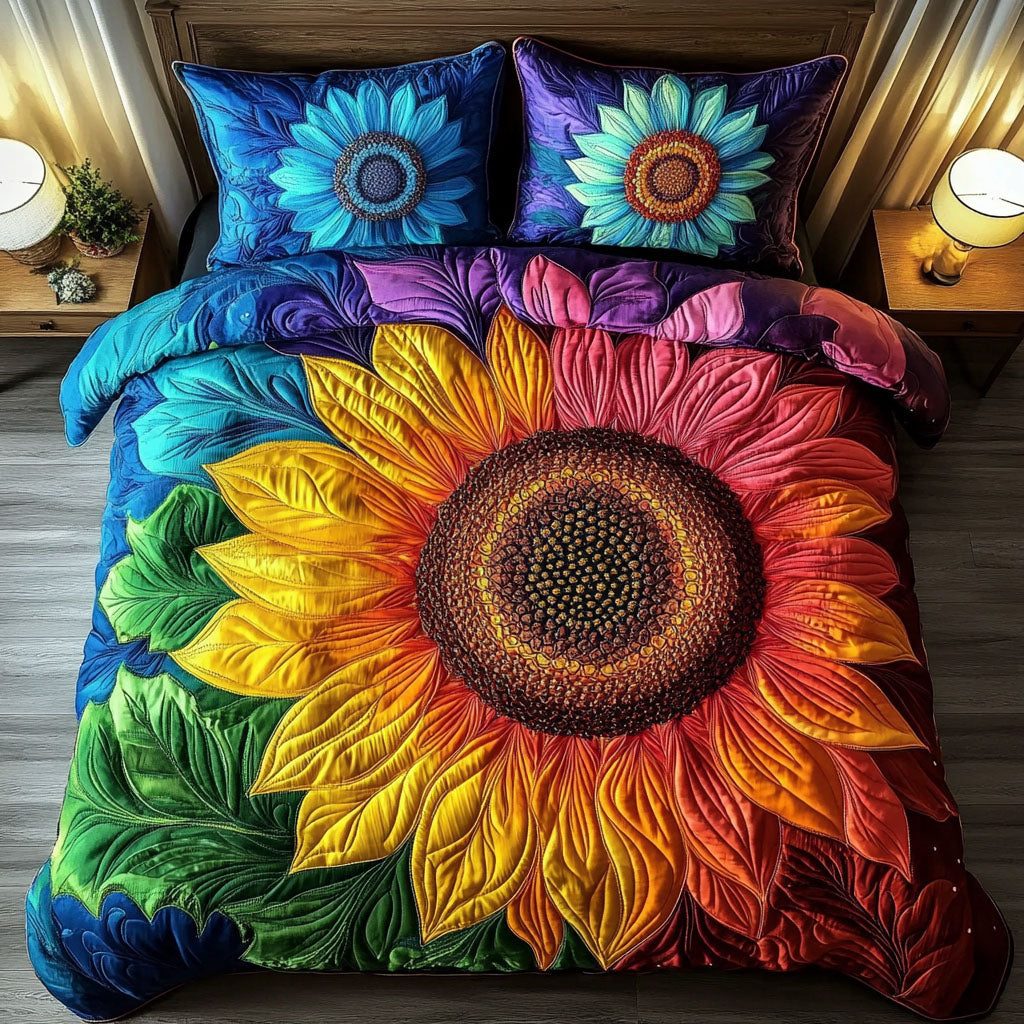 Vivid Bloom quilted 3-piece bedding set on a made bed with two matching pillow shams