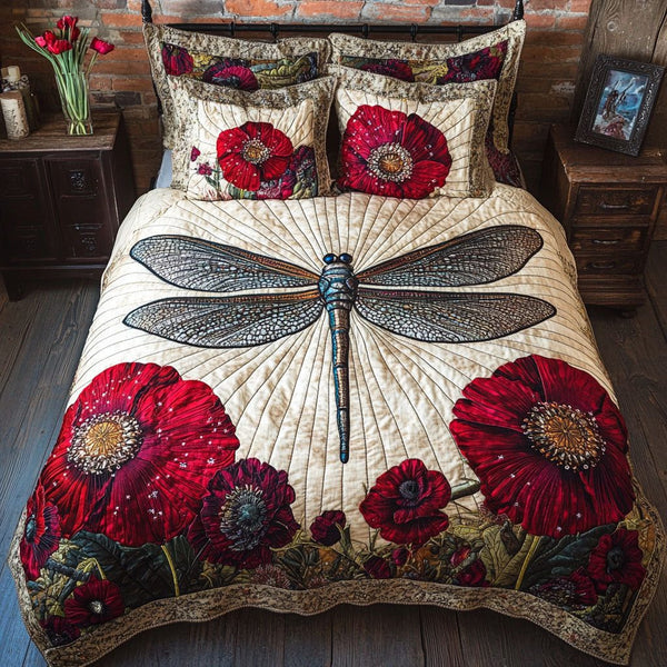 Vivid Bloom Soar quilted 3-piece bedding set on a made bed with two matching pillow shams