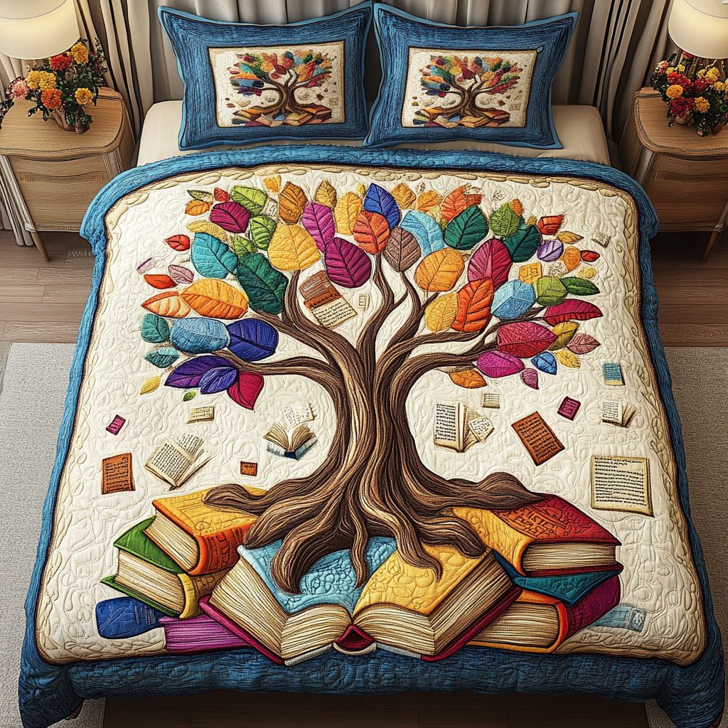 Vivid Book Tree quilted 3-piece bedding set on a made bed with two matching pillow shams