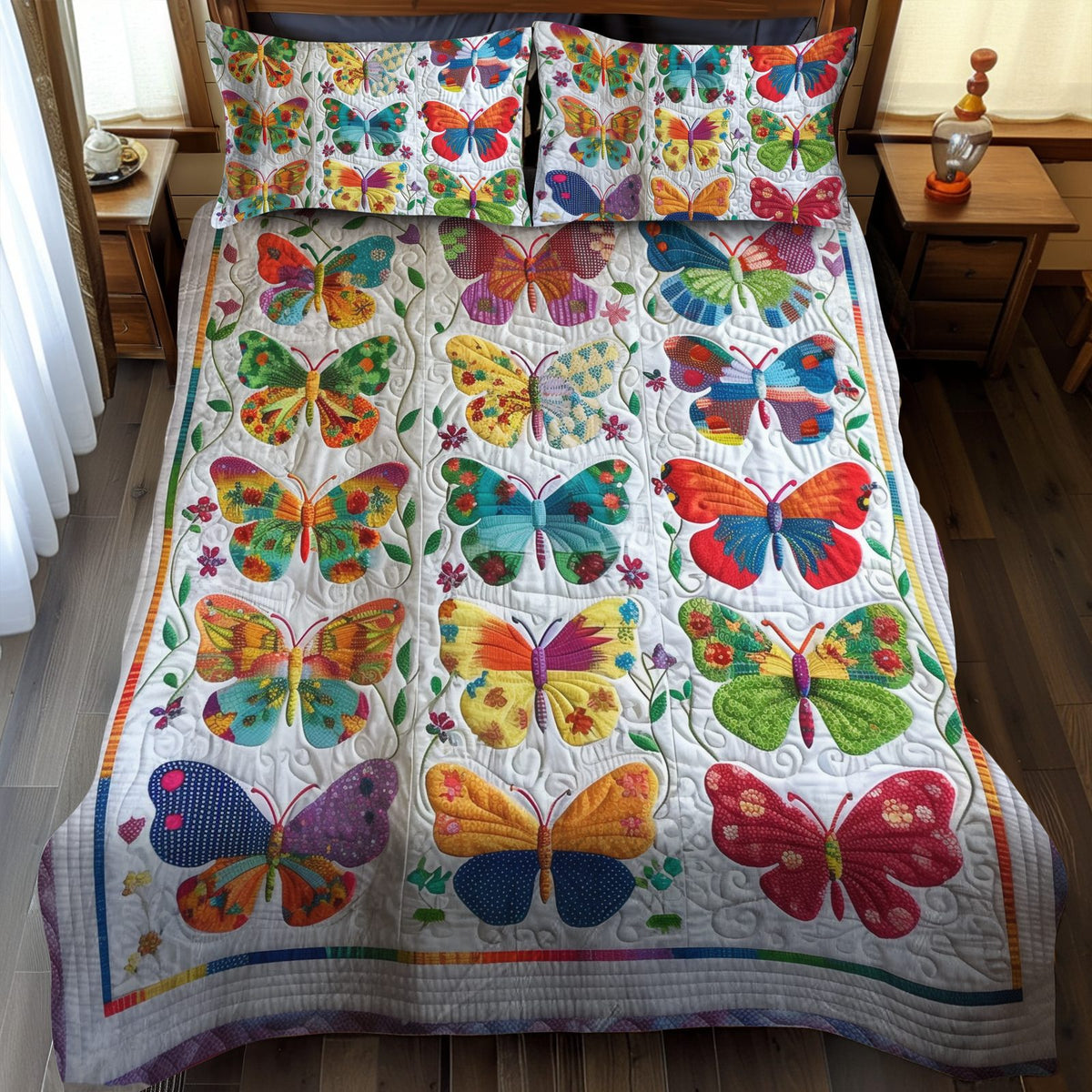 Vivid Butterflies quilted 3-piece bedding set on a made bed with two matching pillow shams