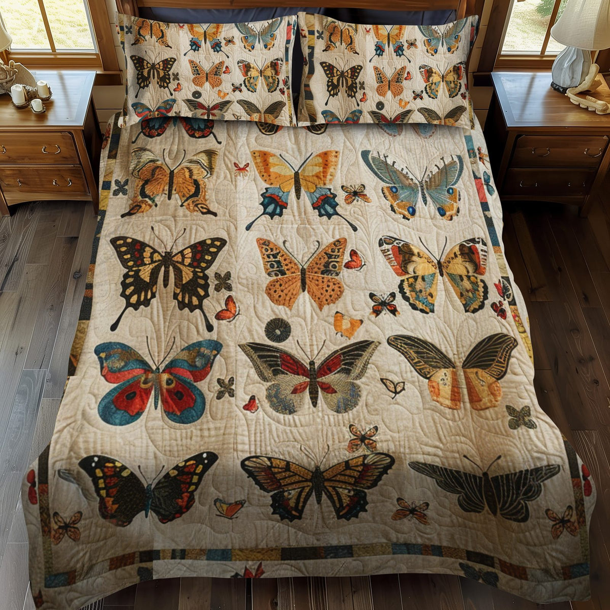 Vivid Butterflies quilted 3-piece bedding set on a made bed with two matching pillow shams
