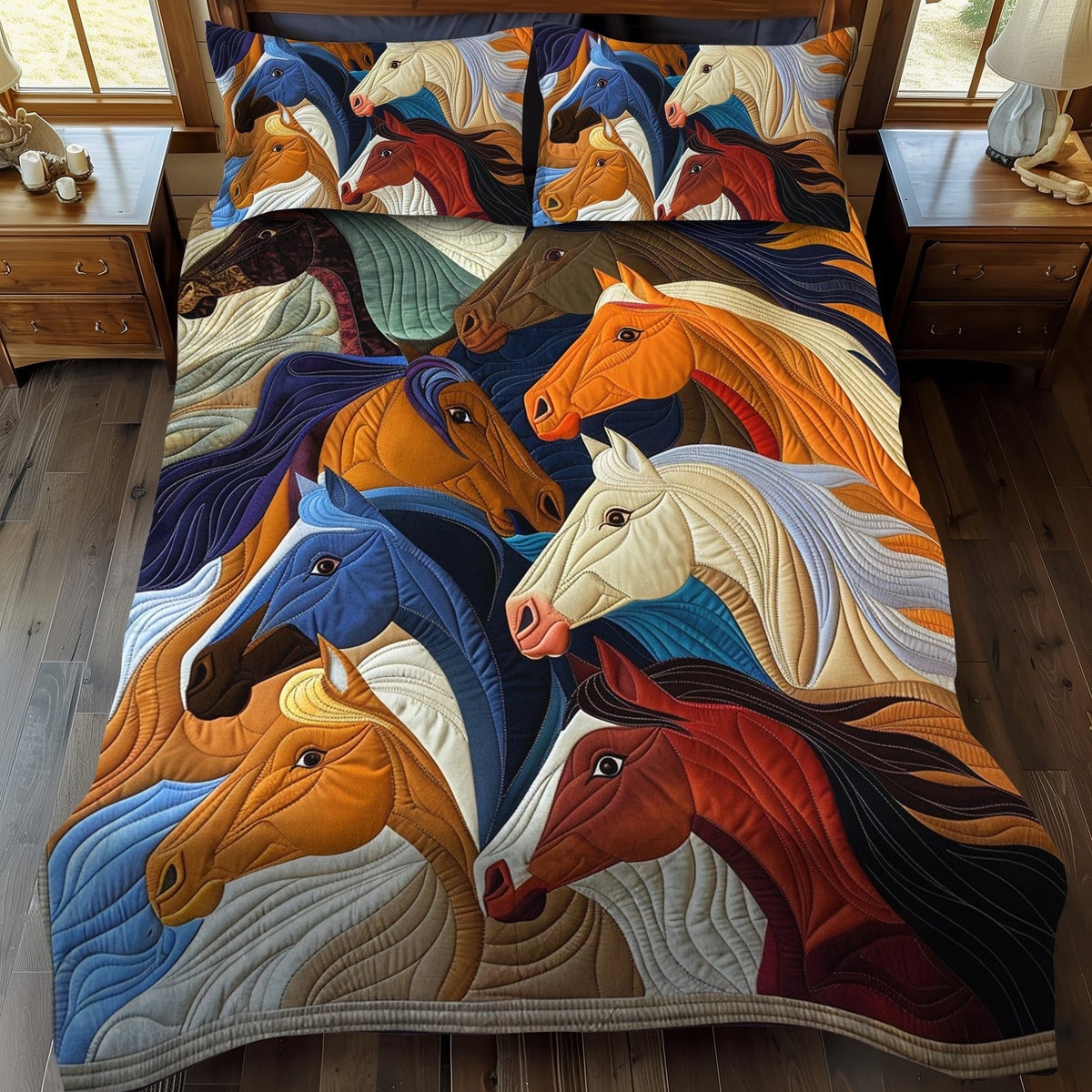 Vivid Horse quilted 3-piece bedding set on a made bed in a rustic timber bedroom
