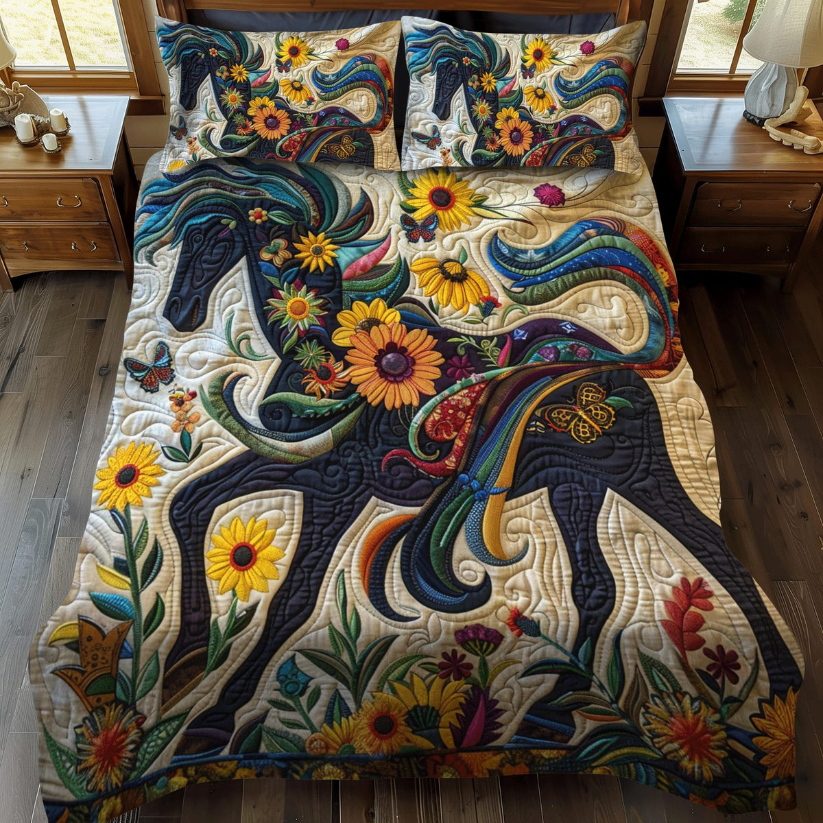 Vivid Horse quilted 3-piece bedding set on a made bed in a rustic timber bedroom