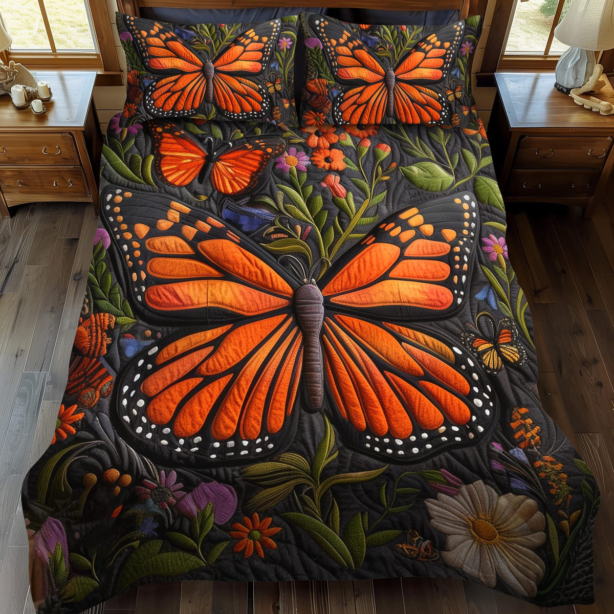 Vivid Monarch Butterflies quilted 3-piece bedding set on a made bed with two matching pillow shams