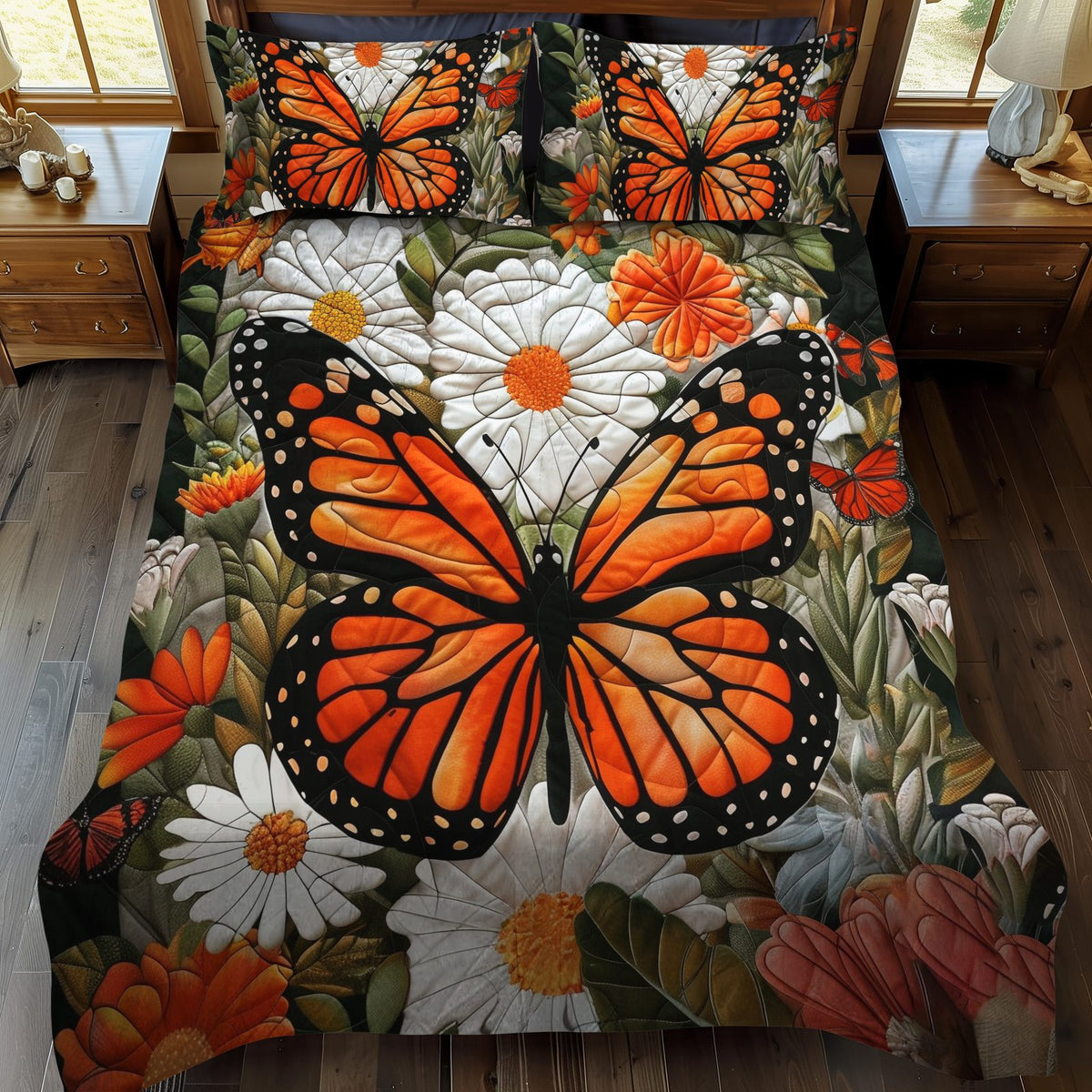 Vivid Monarch Butterflies quilted 3-piece bedding set on a made bed with two matching pillow shams