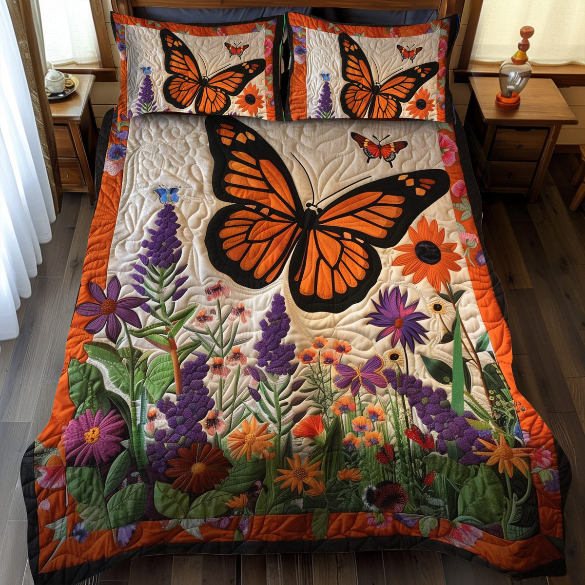 Vivid Monarch Butterflies quilted 3-piece bedding set on a made bed with two matching pillow shams