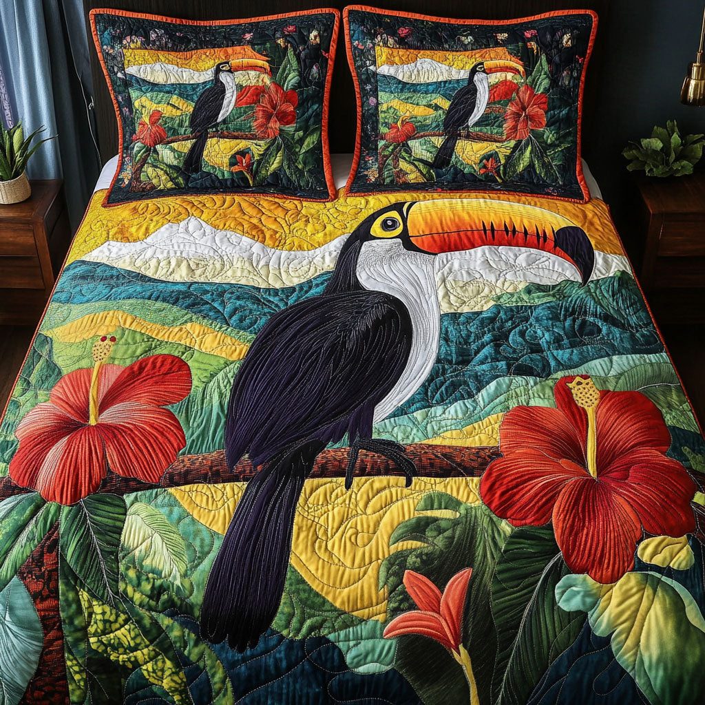 Vivid Paradise quilted 3-piece bedding set on a made bed with two matching pillow shams