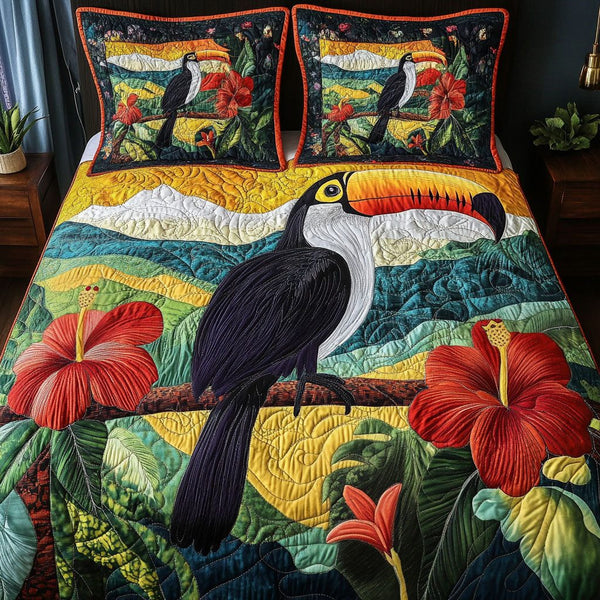Vivid Paradise quilted 3-piece bedding set on a made bed with two matching pillow shams