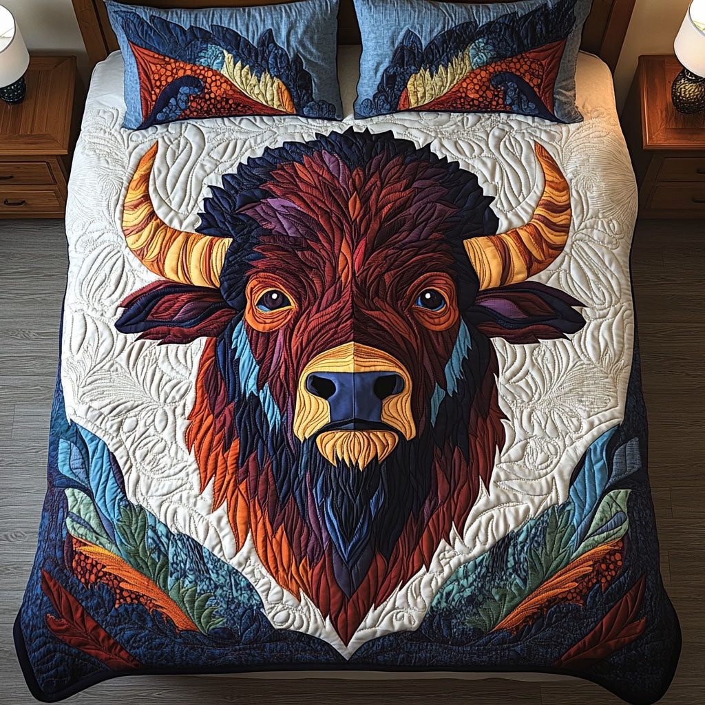 Vivid Spirit Bison quilted 3-piece bedding set on a made bed in a rustic timber bedroom