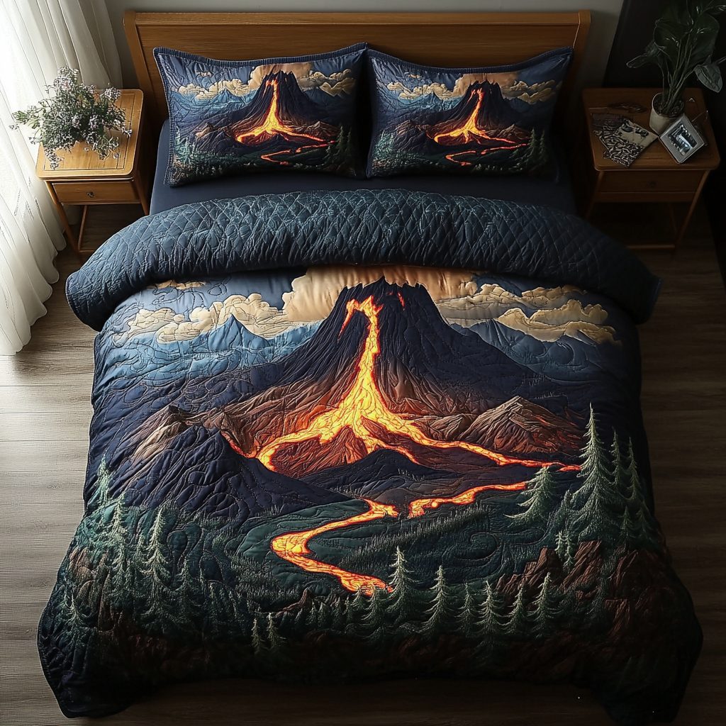 Volcano Horizon quilted 3-piece bedding set on a made bed with two matching pillow shams