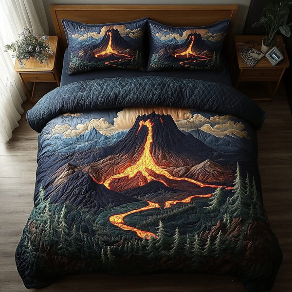 Volcano Horizon quilted 3-piece bedding set on a made bed with two matching pillow shams