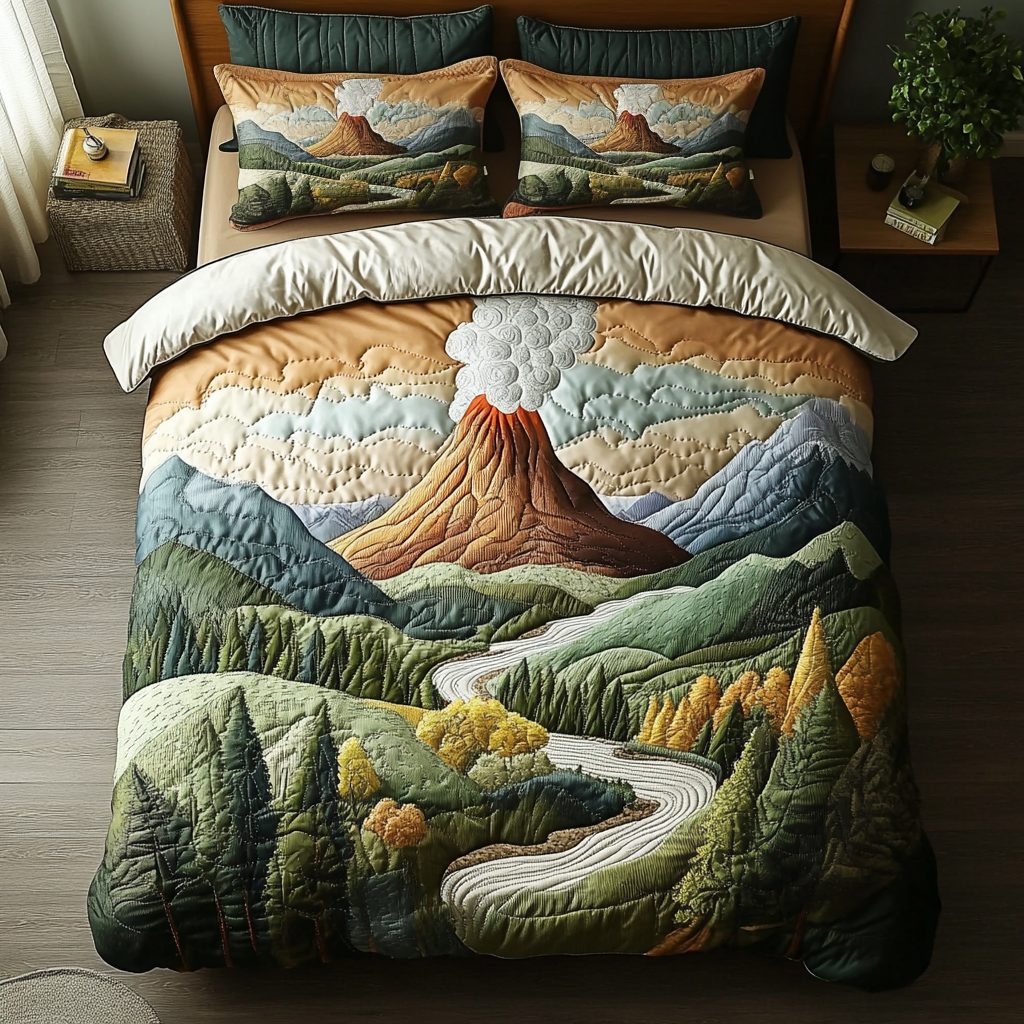Volcano Peak quilted 3-piece bedding set on a made bed with two matching pillow shams