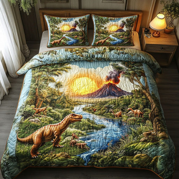 Volcano Valley quilted 3-piece bedding set on a made bed with two matching pillow shams