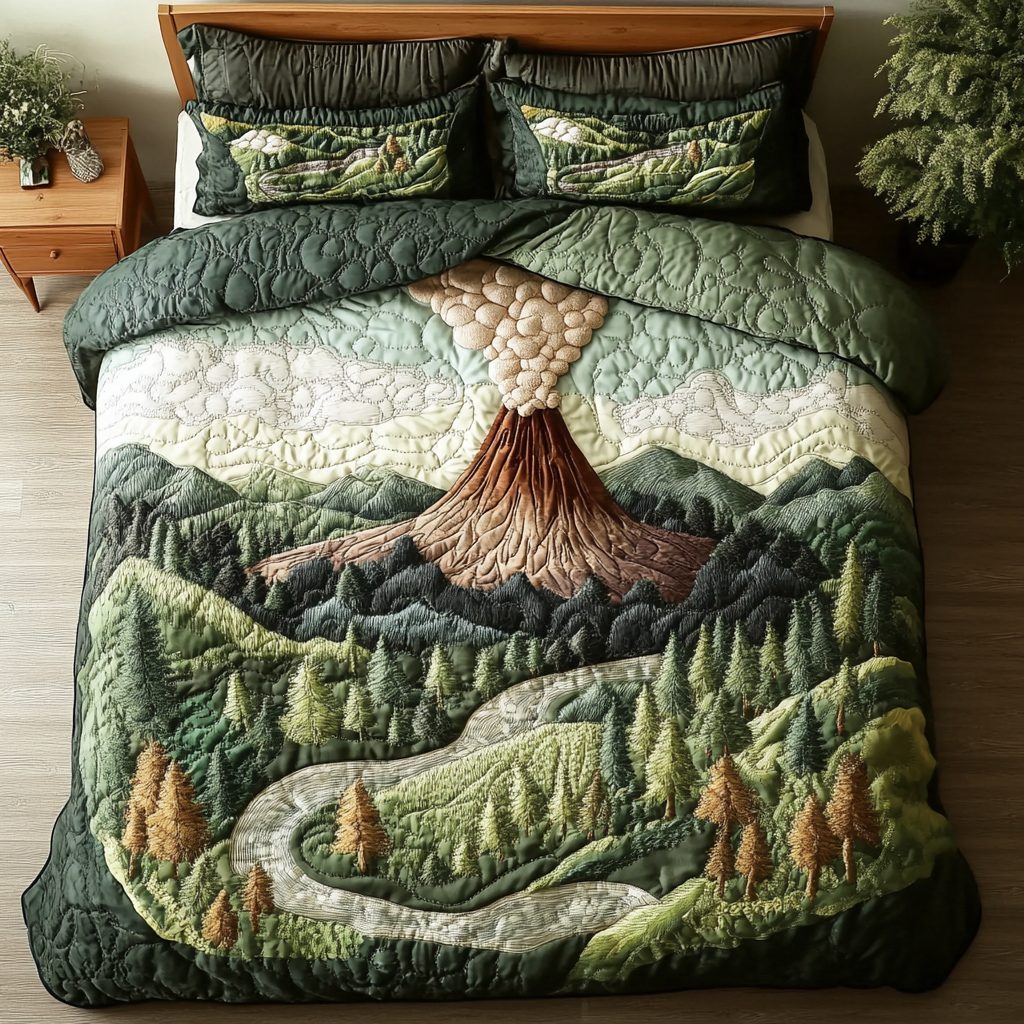 Volcano Wonder quilted 3-piece bedding set on a made bed with two matching pillow shams