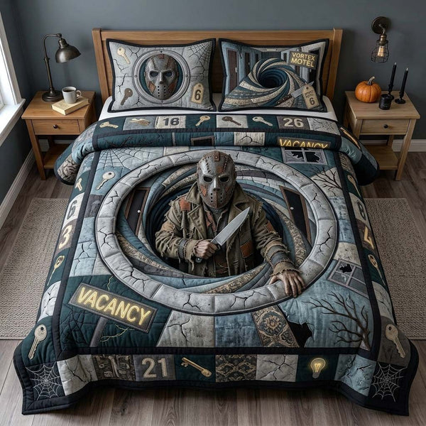 Vortex Motel quilted 3-piece bedding set on a made bed with two matching pillow shams
