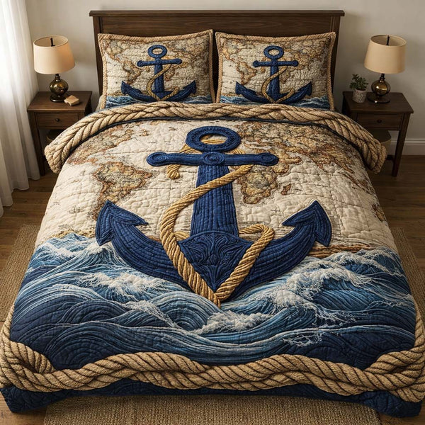 Voyage Anchor quilted 3-piece bedding set on a made bed in a light coastal bedroom