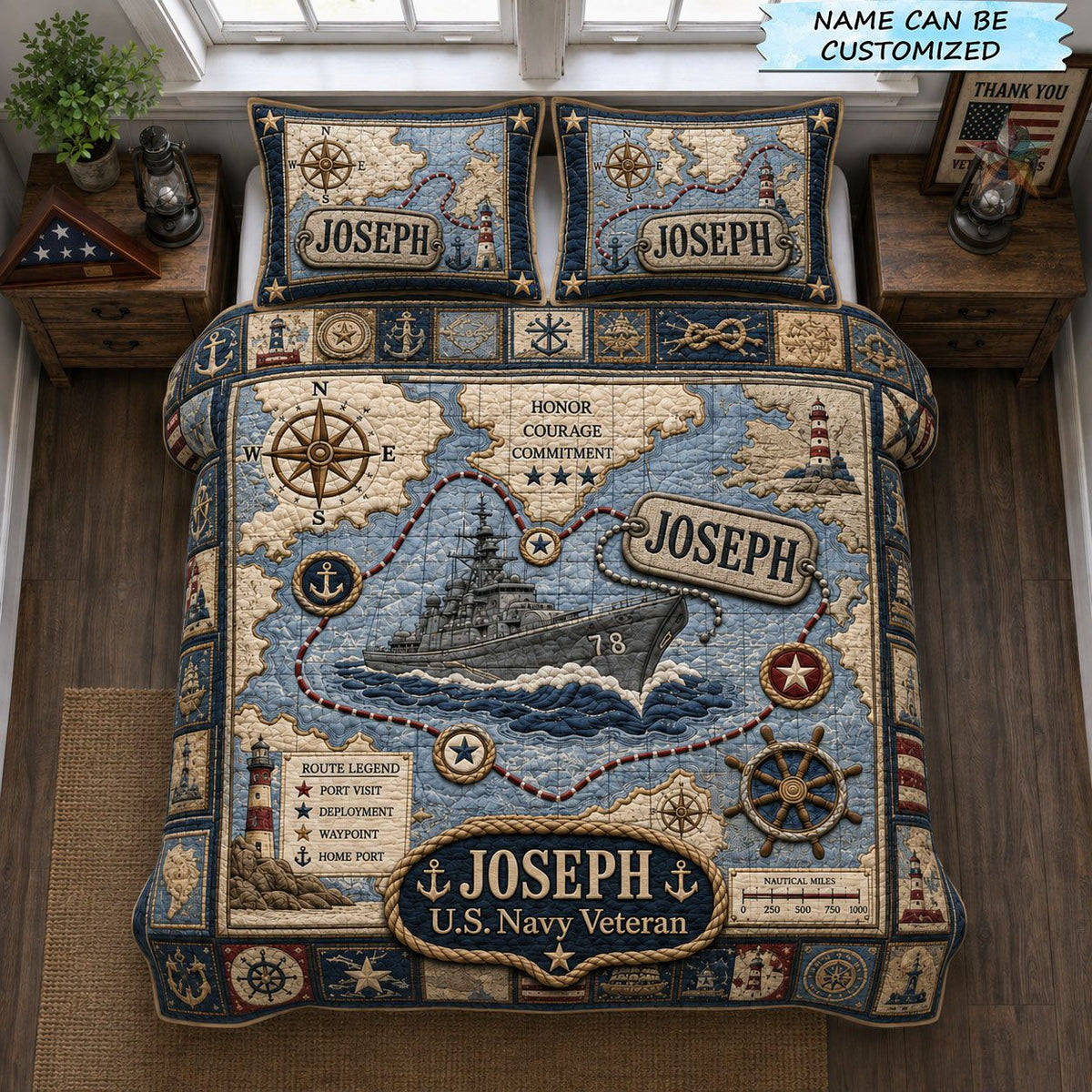 Voyage of Honor quilted 3-piece bedding set on a made bed in a warmly lit bedroom