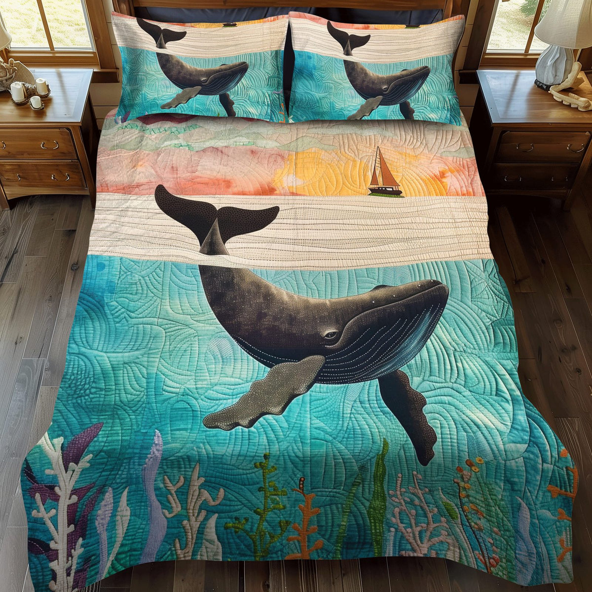 Voyager of the Vast quilted 3-piece bedding set on a made bed with two matching pillow shams