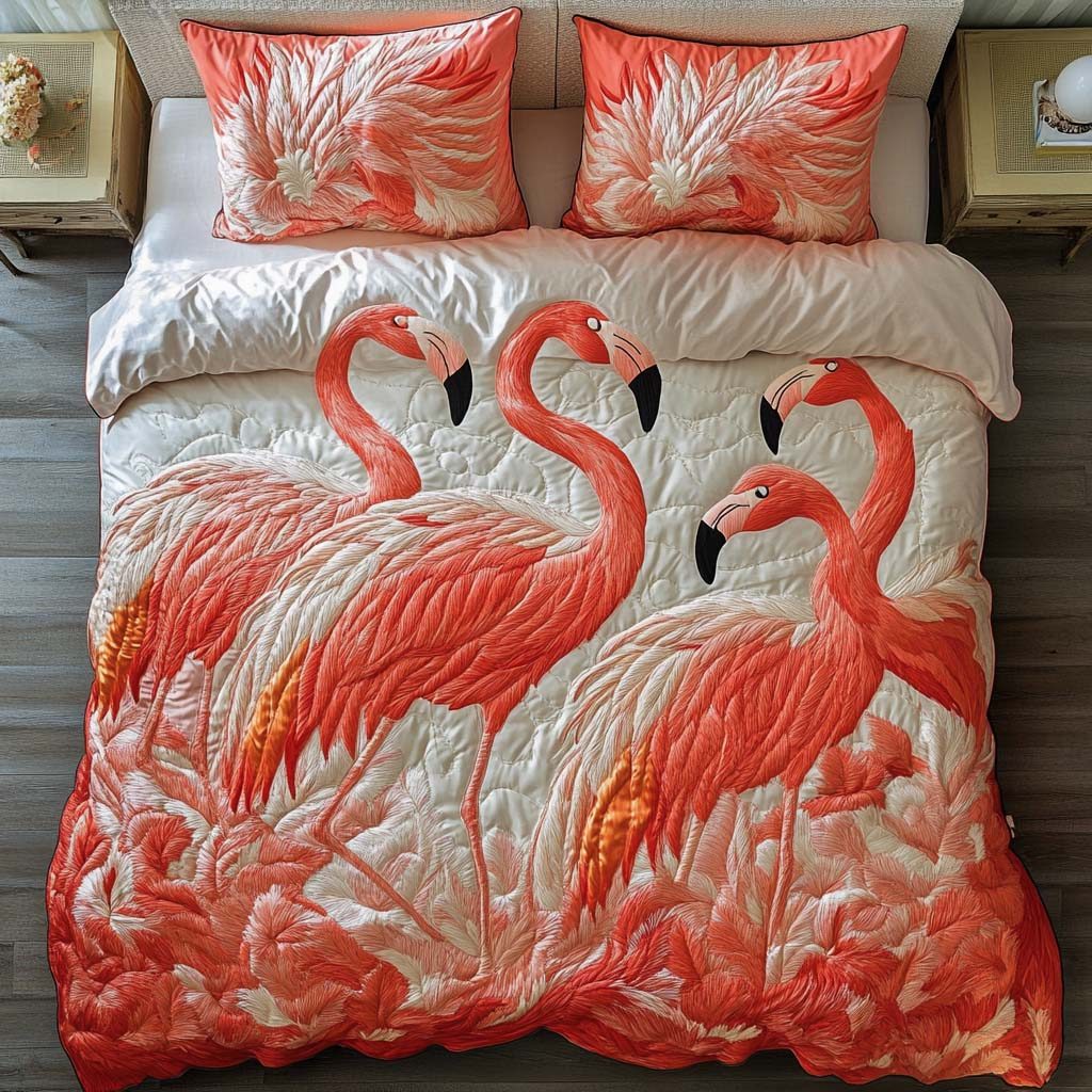 Waddle and Wink quilted 3-piece bedding set on a made bed with two matching pillow shams