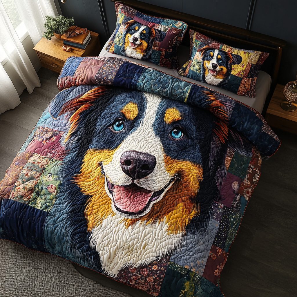Wagging Down Under quilted 3-piece bedding set on a made bed with two matching pillow shams